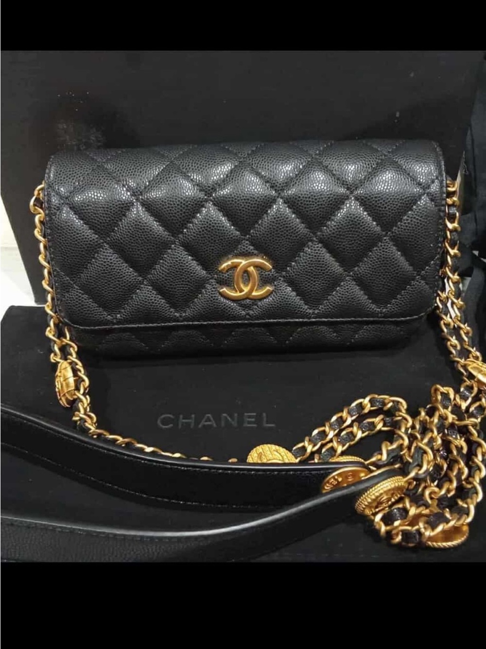 CHANEL Black Quilted Caviar Leather Twist your buttons Flap crossbody